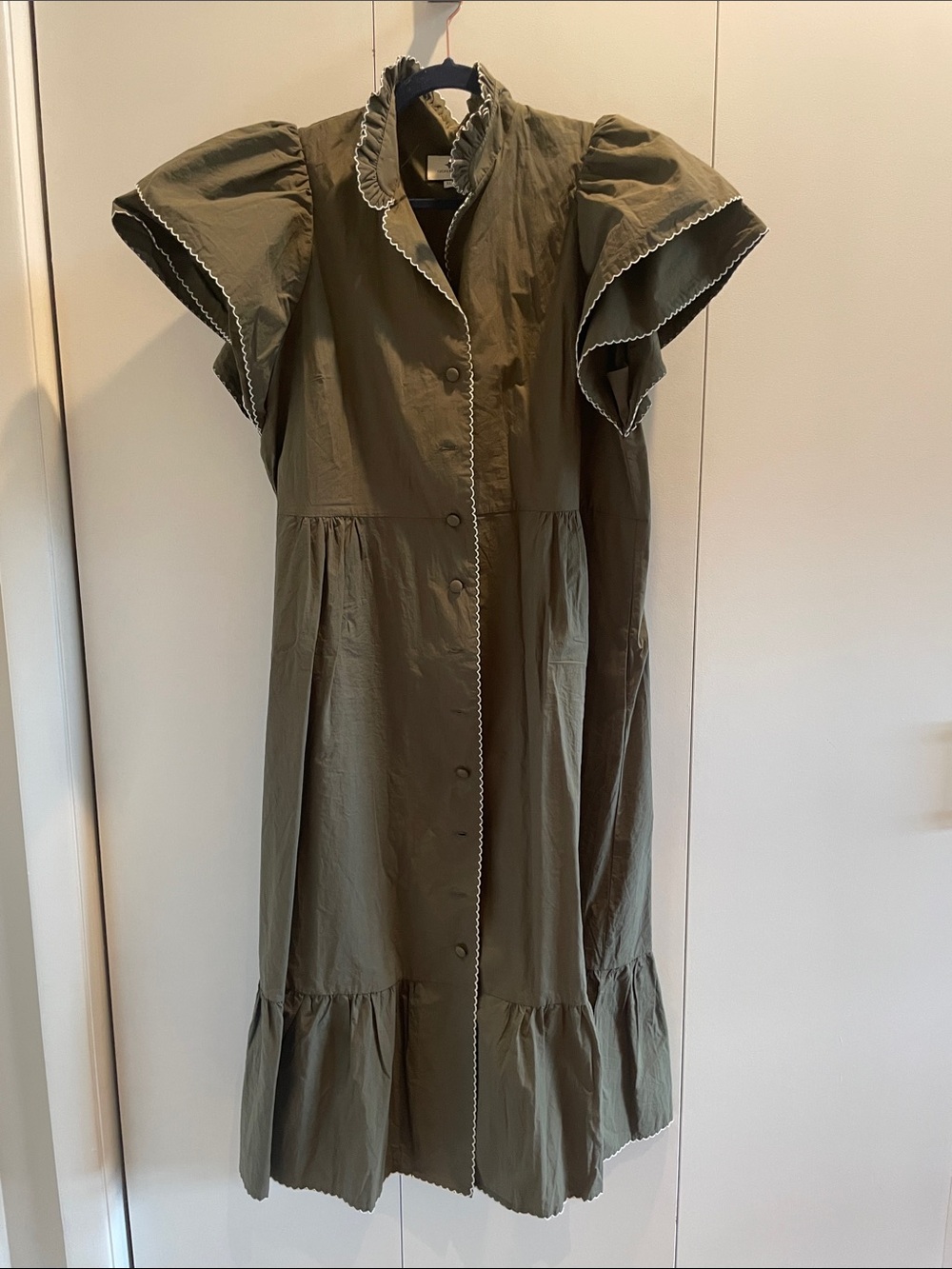Tuckernuck Olive Green Ruffle-Trim Button Front Dress
